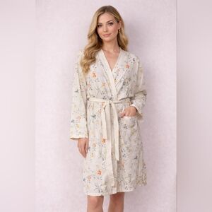 VTG CLAUDIA BARNES White Floral Lightweight Cotton Cover-up Robe Medium